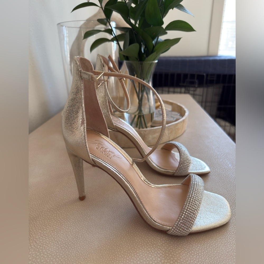 Jewel Badgley Mischka Gold Rhinestone Ankle-Tie Heels